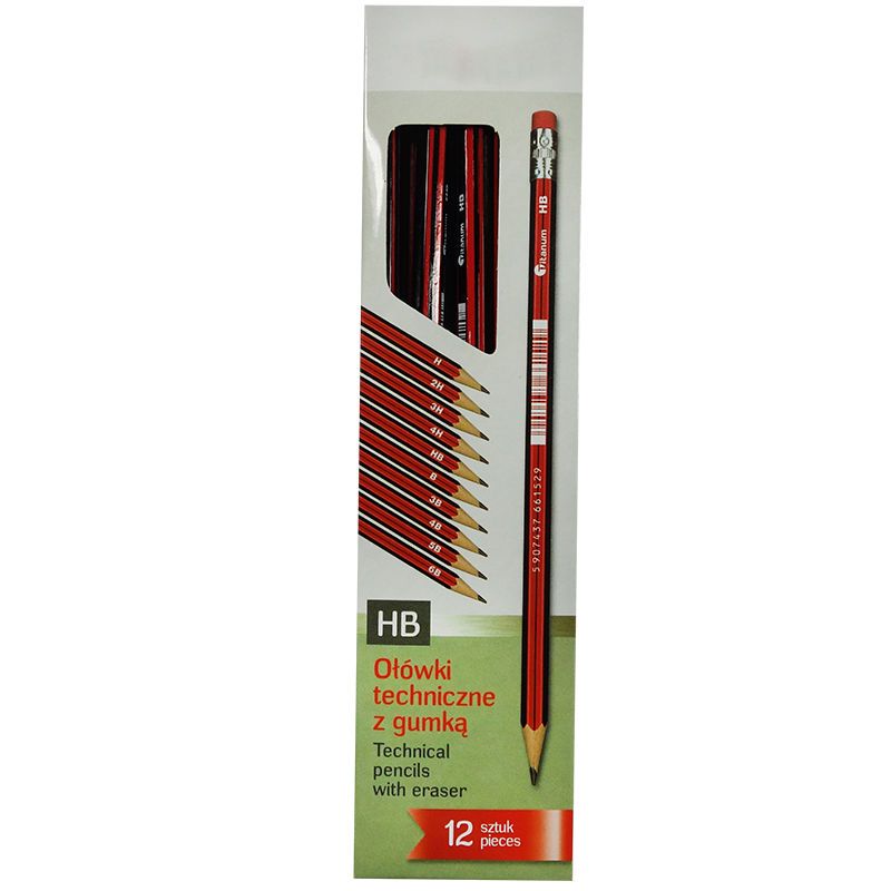 Ołówek techniczny B z gumką 12 szt